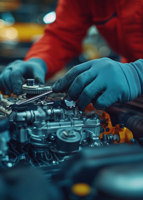 A mechanic works on an engine in an automotive repair shop during daylight hours