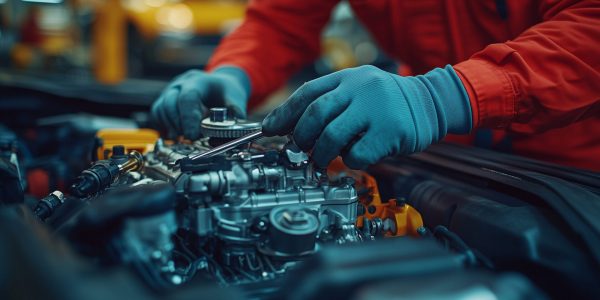 A mechanic works on an engine in an automotive repair shop during daylight hours