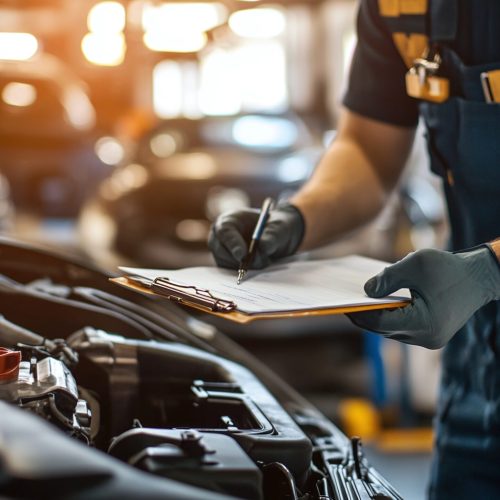 vehicle repair service with mechanic using clipboard for inspection and checking maintenance checklist in auto repair shop focusing on diagnostics and service work